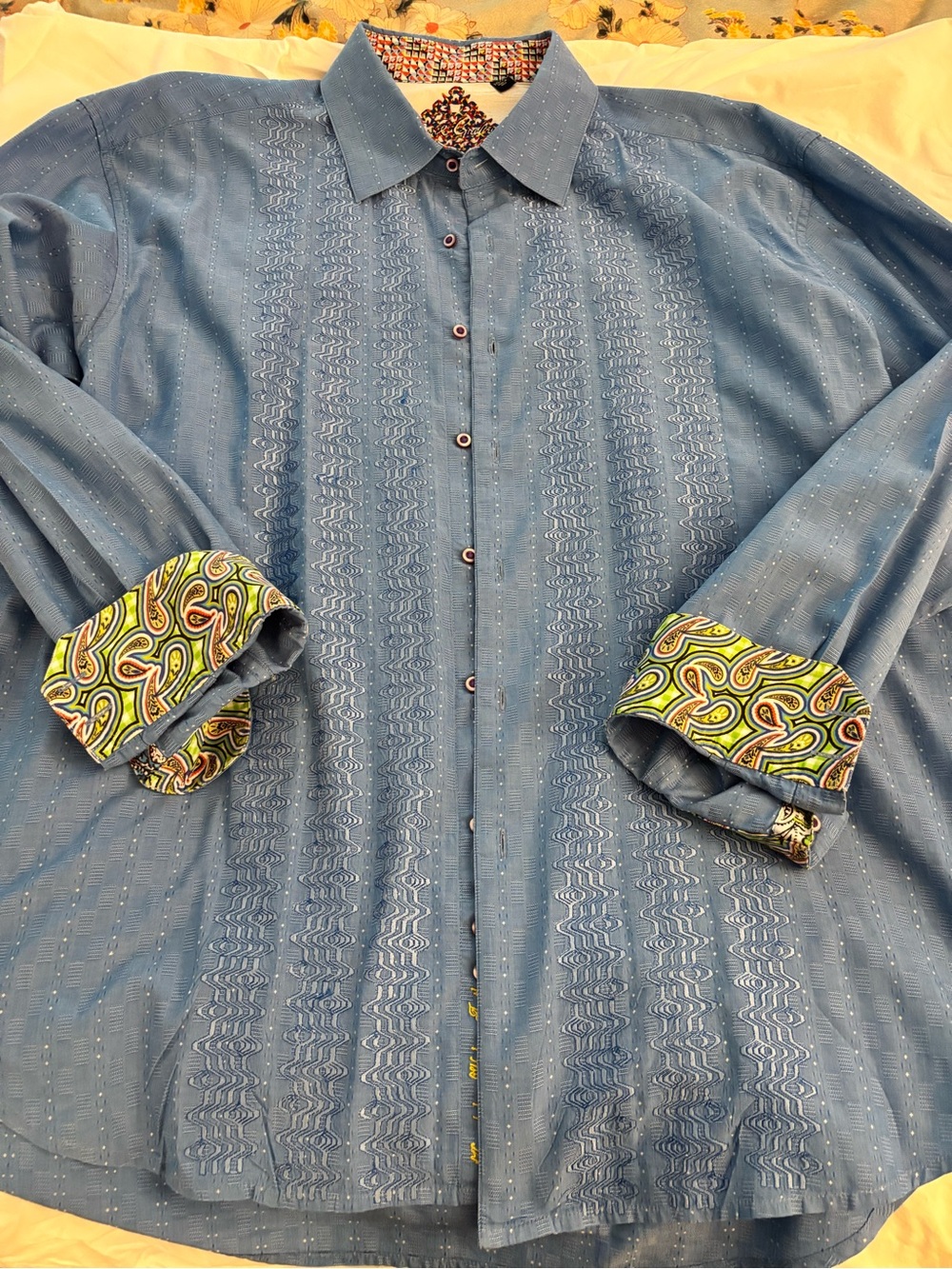 Robert Graham Blue Button-Up Shirt with Paisley Contrast Cuffs